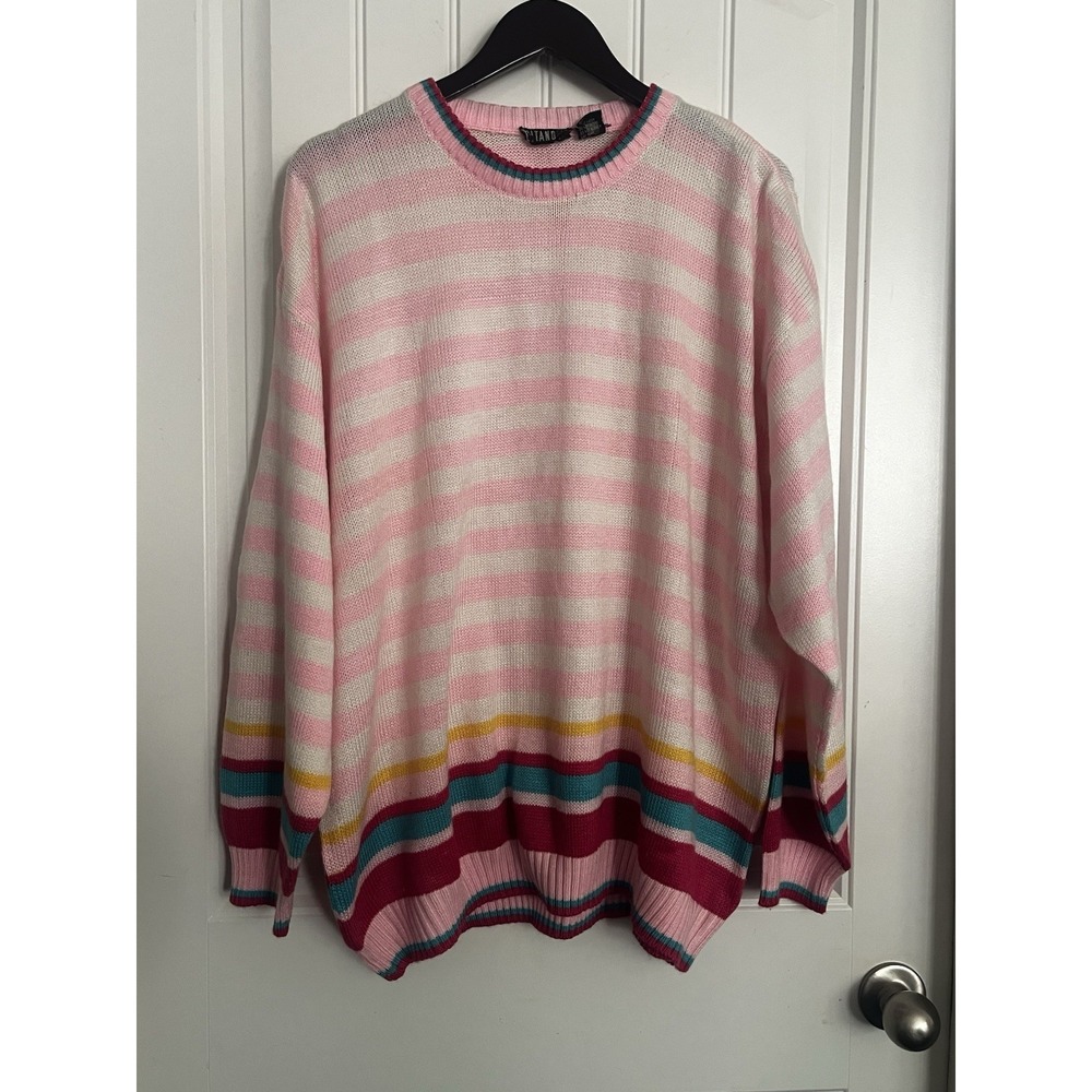 Vintage 80s Gitano Plus Size Knit Sweater Pastel Pink Striped 22W Tunic 641